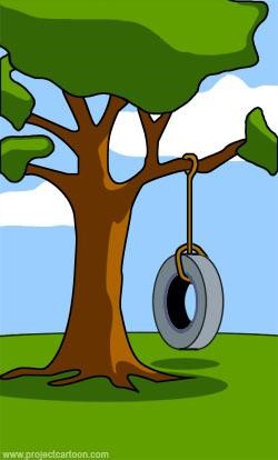Baum mit Reifen-Schaukel hängend am rechten Ast. Bildquelle: www.projektcartoon.com - Lizenz: Creative Commons Attribution 3.0 Unported License
