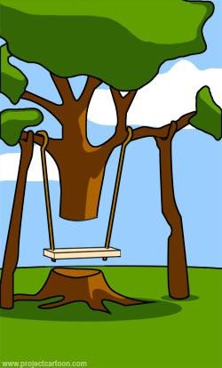 Baum mit einstufiger Schaukel hängend an Ästen vor Stamm, welcher ausgeschnitten ist und beidseitig gestürzt wird. Bildquelle: www.projektcartoon.com - Lizenz: Creative Commons Attribution 3.0 Unported License