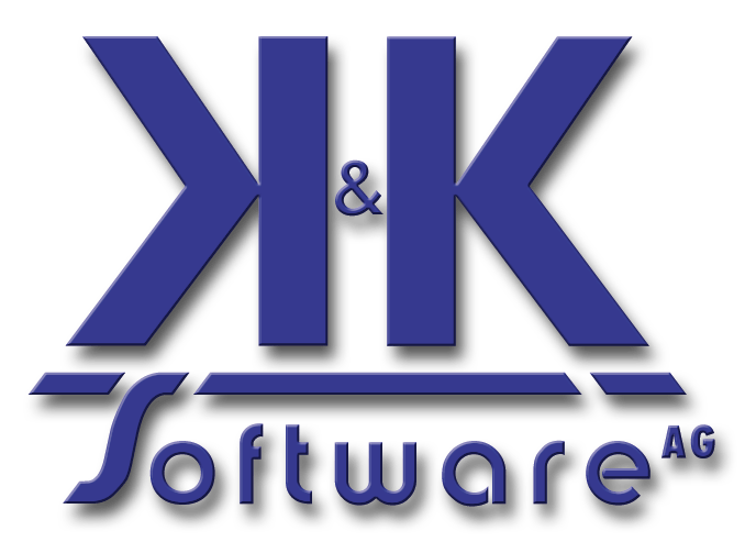 Logo der K&K Software AG. Es zeigt zweimal den Buchstaben "K", einer davon ist gespiegelt, sowie den Schriftzug Software AG.